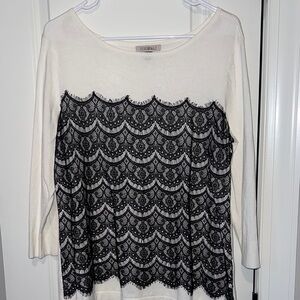 Roz & Ali White Blouse w Black Lace Overlay Detail Light Sweater Top size XL